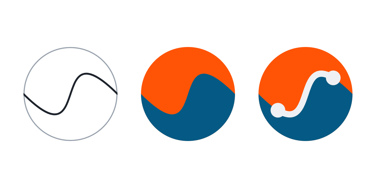 The logo built in three steps: a circle crossed by an S-shaped curve, then the circle filled orange above the curve and blue below it, then the white trace laid on the curve with a dot at each end.