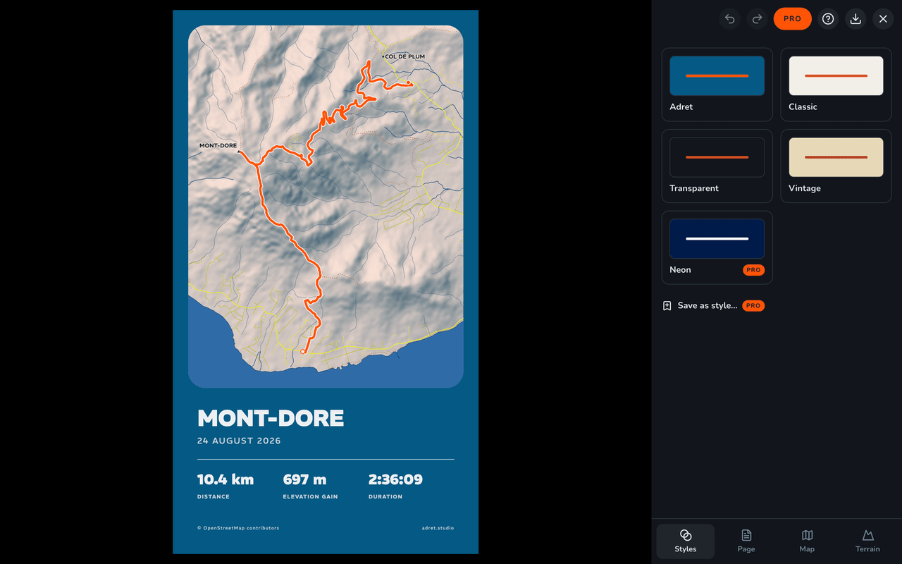 Adret in a browser: the Mont-Dore poster, in New Caledonia, in the Adret style, and to its right Adret’s five styles above the Styles, Page, Map and Terrain tabs.