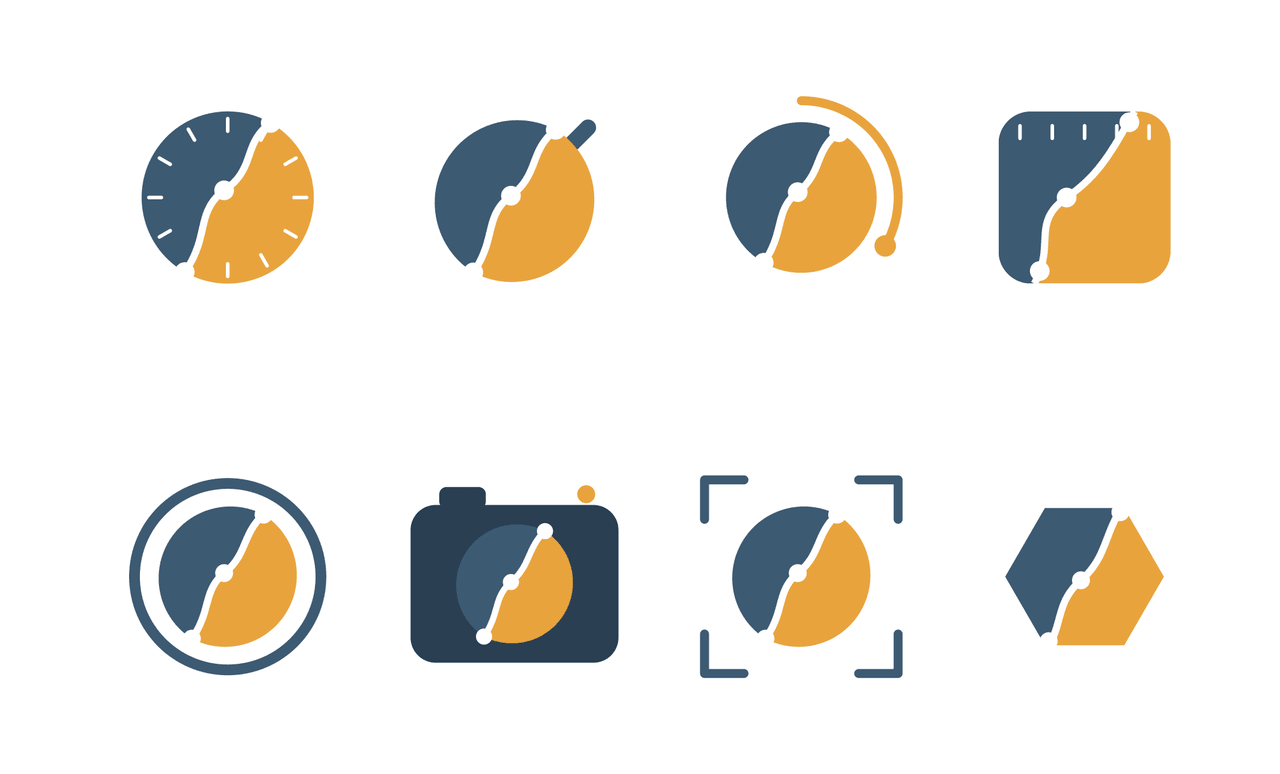 Eight variants in two rows. Above, the disc dressed as a stopwatch: tick marks, a crown, an arc, a square case. Below, the disc inside a camera: a lens, a body, the corners of a viewfinder, a hexagonal aperture.