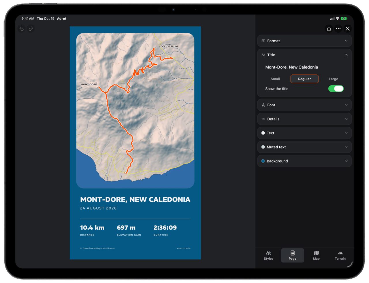 Adret on an iPad Pro held sideways: the Mont-Dore poster on the left, and on the right the column of cards, with Title open between Format and Font, on "Mont-Dore, New Caledonia".