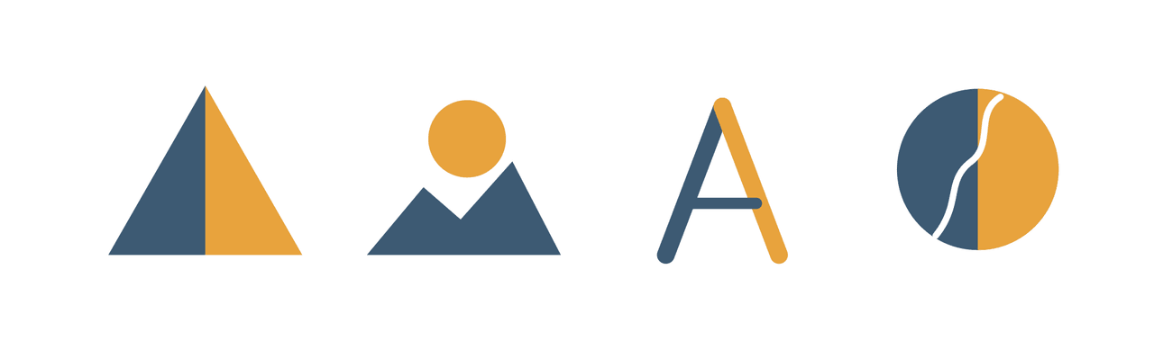 Four first drawings in amber and slate: a triangle cut in two, a sun above two peaks, the letter A, and a disc cut by a white line.