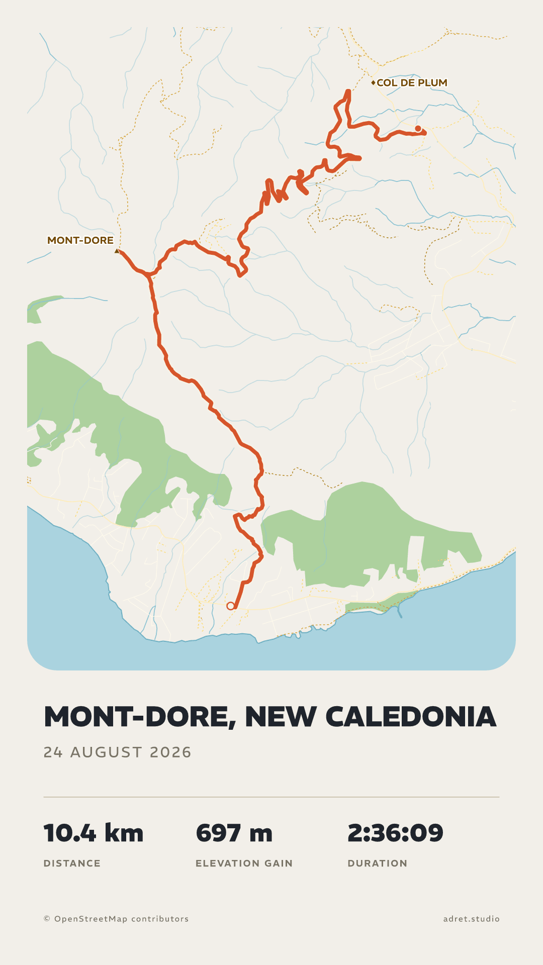 The same hike in the Classic style: a flat map on light paper, the route in orange-red