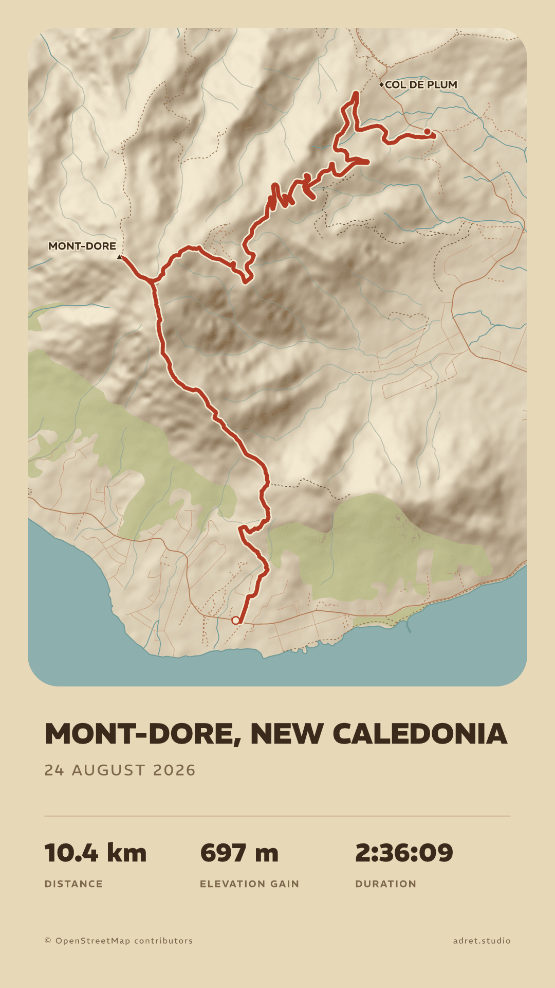 The same hike in the Vintage style in two layouts: the map in a frame with the title under it, then the map over the whole sheet with the title on it