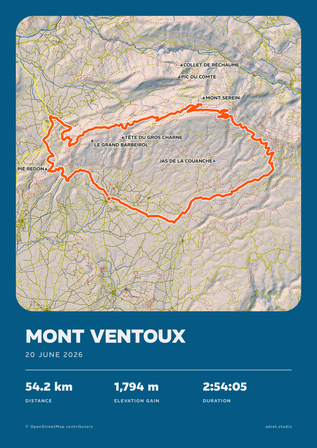 The same ride over Mont Ventoux in the Adret style as an A3 print, twice: in portrait, then in landscape, the map on the left and the title and stats in a column to its right