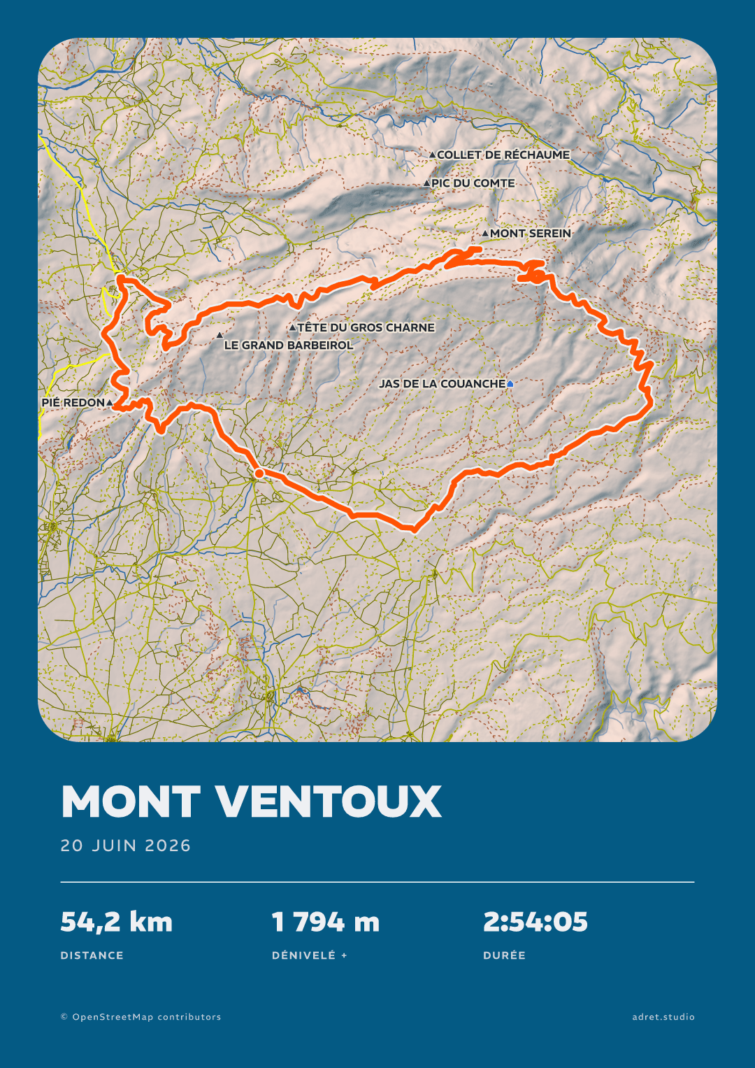 La même sortie au mont Ventoux en tirage A3 dans le style Adret, deux fois : en portrait, puis en paysage, la carte à gauche, le titre et les stats en colonne à sa droite