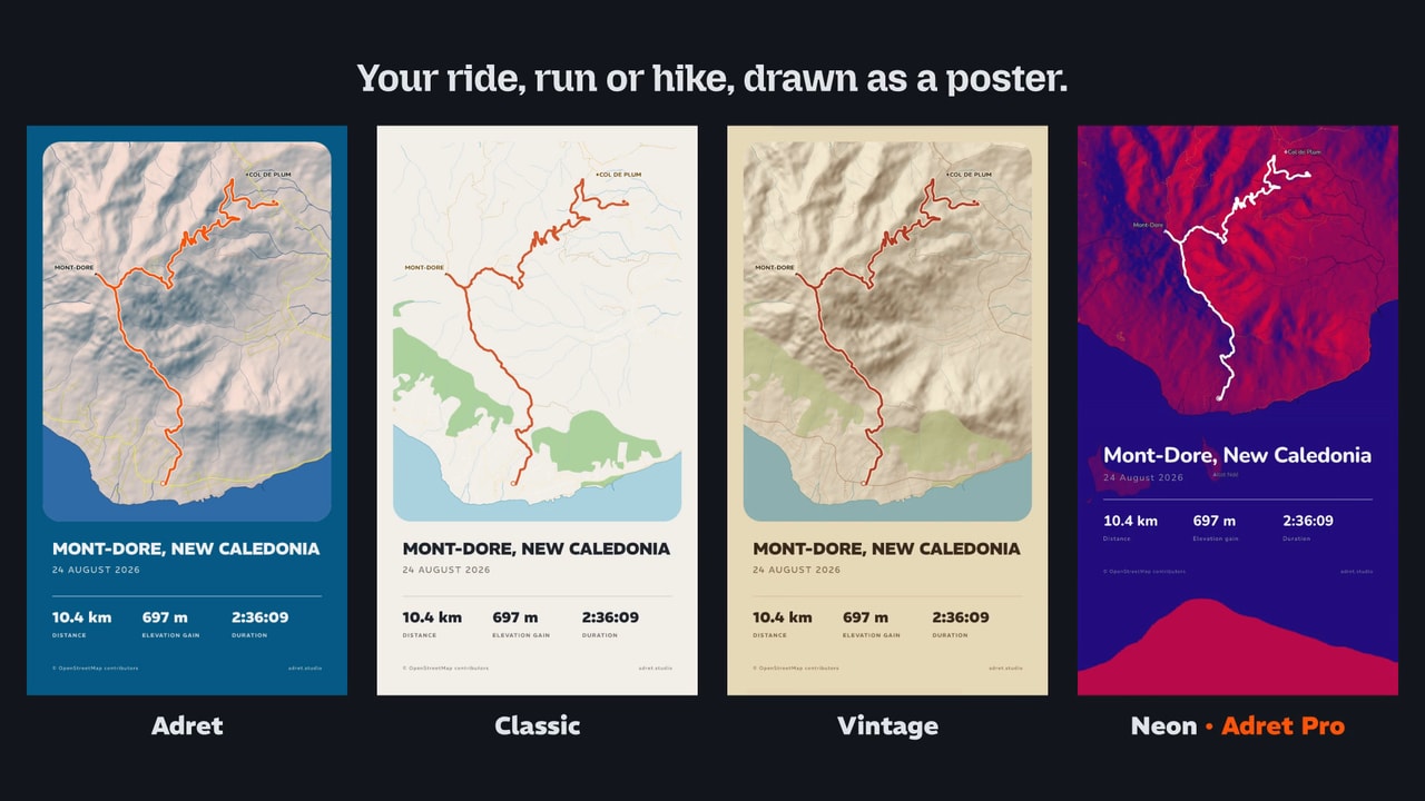 A frame from Adret’s promo film: the same Mont-Dore route as four posters side by side, Adret, Classic, Vintage and Neon, under the line "Your ride, run or hike, drawn as a poster."