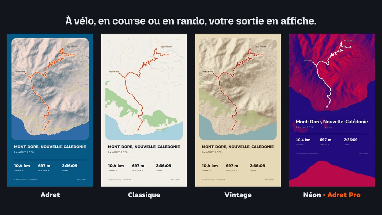 Une image de la vidéo de promo d’Adret : la même trace du Mont-Dore en quatre affiches côte à côte, Adret, Classique, Vintage et Néon, sous la phrase « À vélo, en course ou en rando, votre sortie en affiche. »