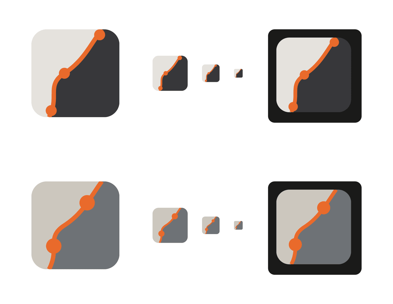 Two rows of shrinking tests. Above, a rounded square in light and dark grey crossed by an orange trace with three dots, large, then smaller and smaller, then on black. Below, the next version, its greys closer together, with two large dots, at the same sizes.