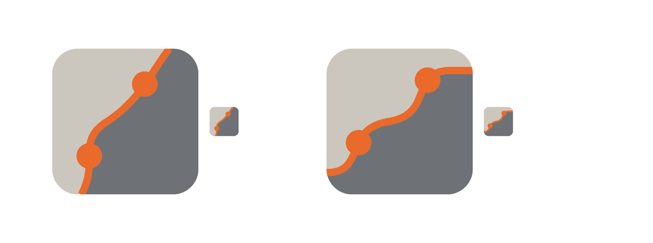 Two rounded squares side by side, each with its small version: on the left, the trace climbs almost vertically in an S; on the right, it crosses from left to right and the light side takes up more room.