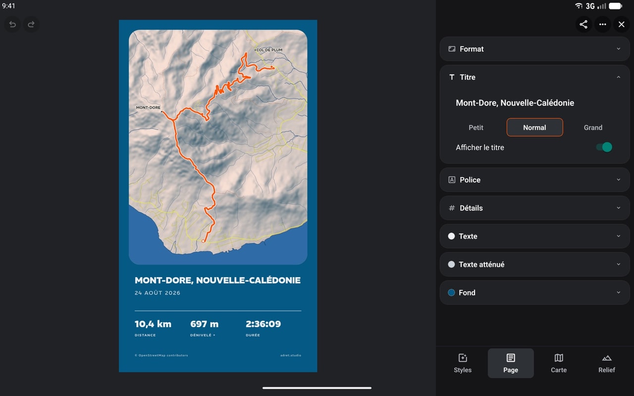 Adret sur une tablette Android tenue à l’horizontale : l’affiche du Mont-Dore à gauche, et à droite la colonne des cartes, celle du titre ouverte.