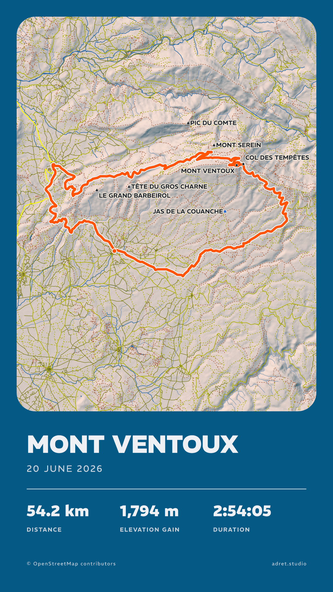 Poster of a ride over Mont Ventoux: shaded relief on a deep blue sheet, the route in orange