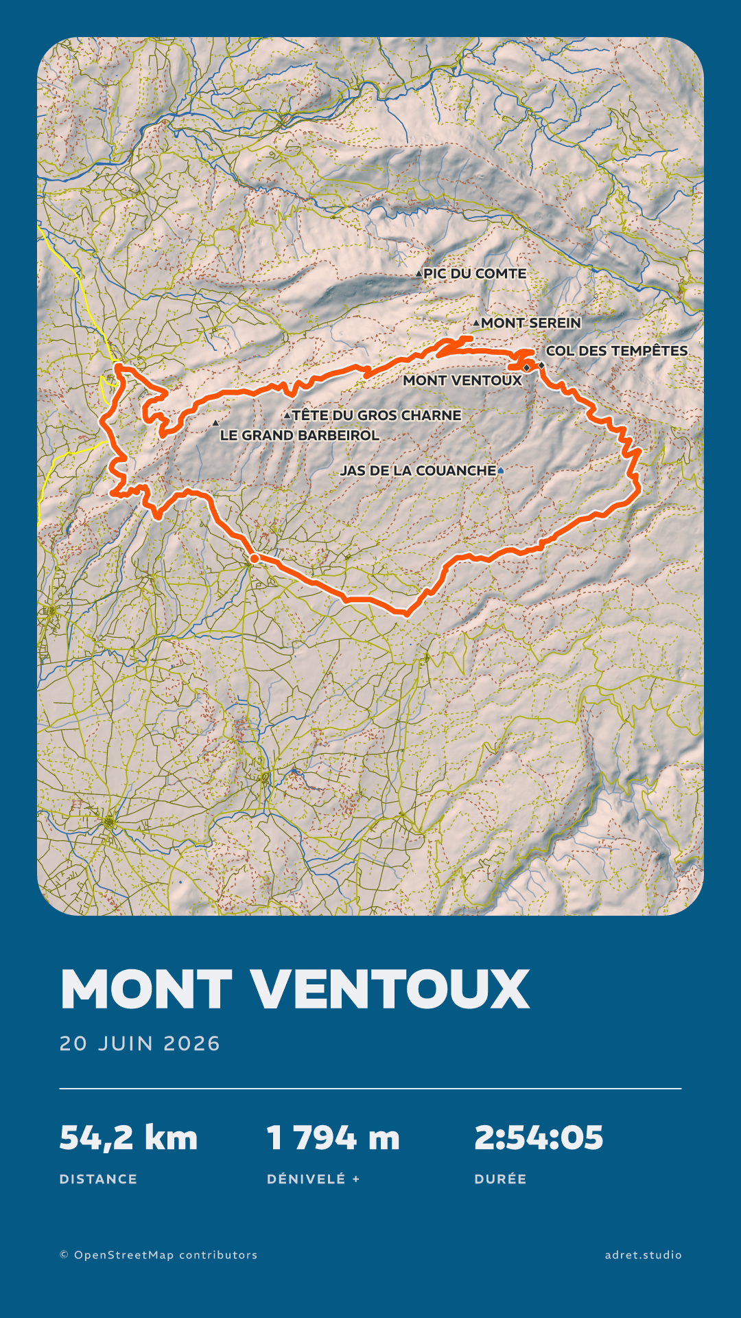 Affiche d’une sortie vélo au mont Ventoux : relief ombré sur fond bleu nuit, tracé orange