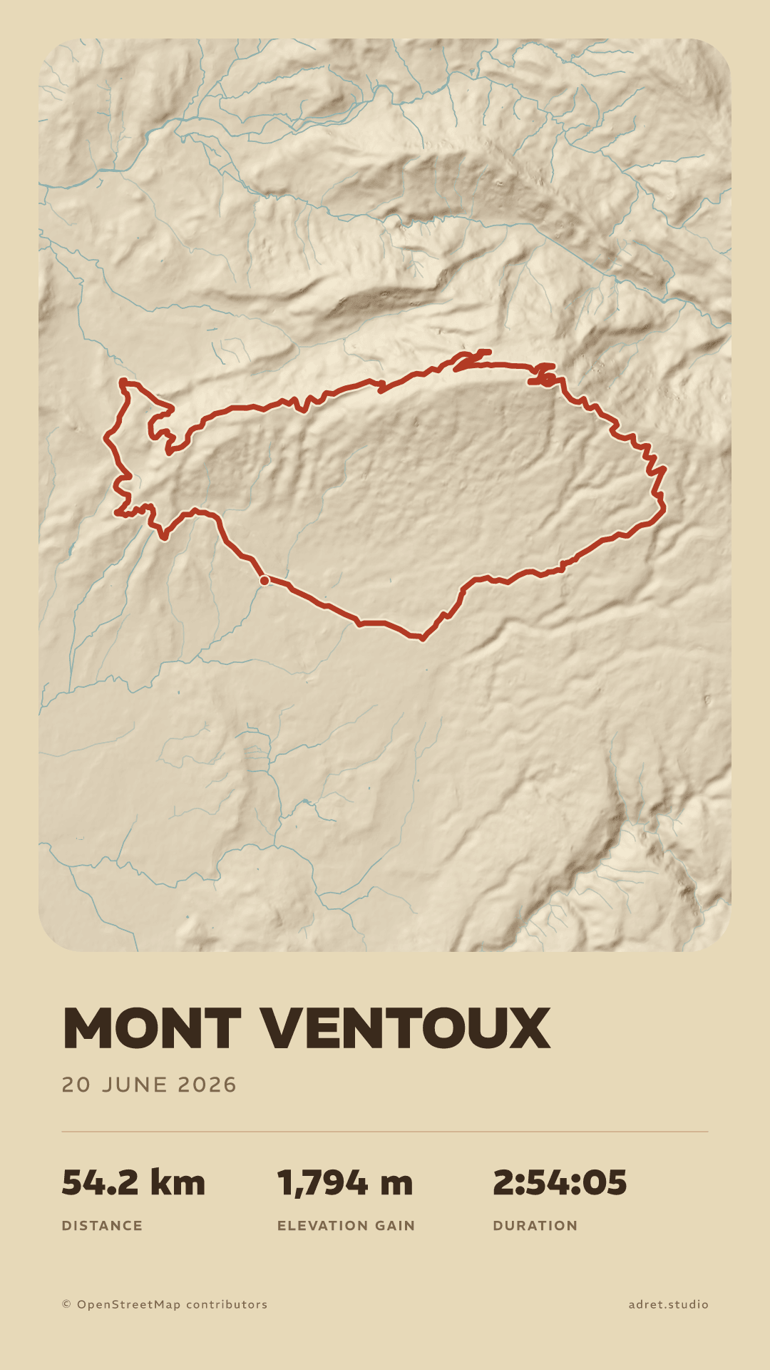 The same climb of Mont Ventoux twice: on the left the relief, the water and the route alone; on the right every layer of the map, woods, roads, paths and summits included