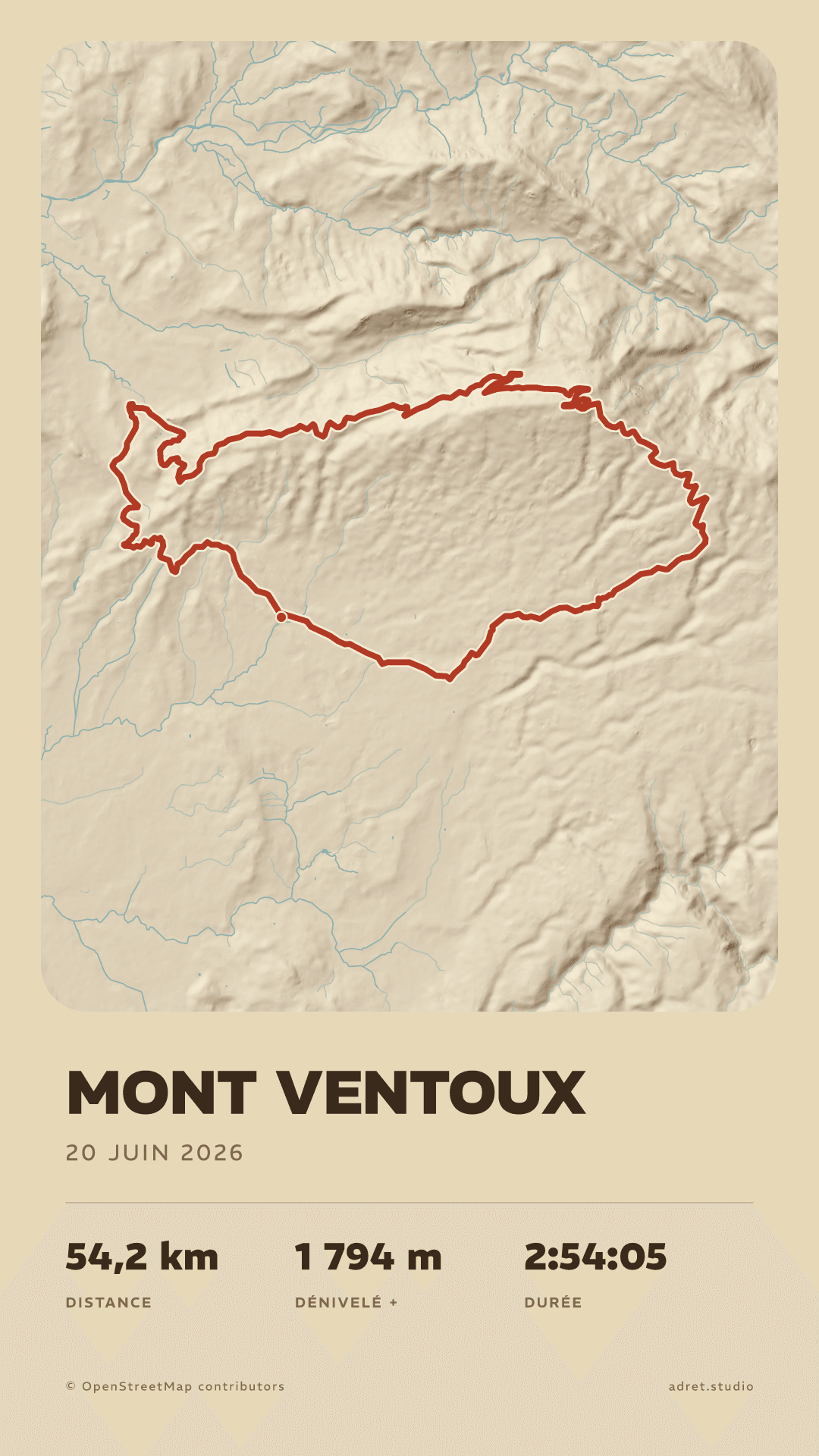 La même montée du mont Ventoux deux fois : à gauche, le relief, l’eau et le tracé seuls ; à droite, toutes les couches de la carte, bois, routes, sentiers et sommets compris