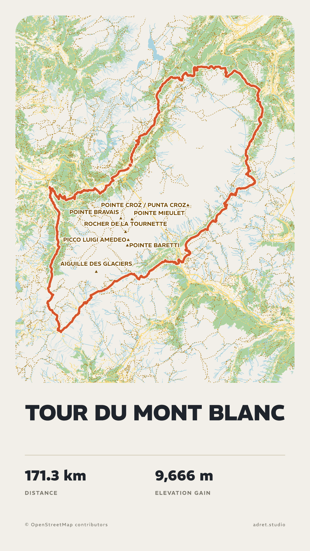 The Tour du Mont Blanc drawn twice in the Classic style: a flat map on the left, the same map with shaded relief on the right