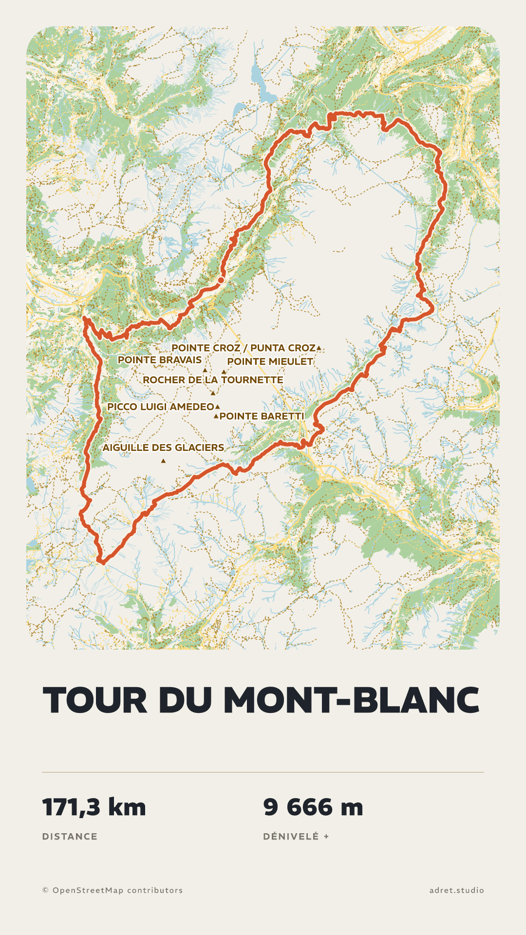 Le tour du Mont-Blanc dessiné deux fois dans le style Classique : une carte à plat à gauche, la même avec un relief ombré à droite