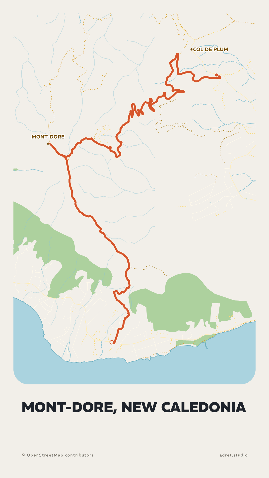 The same walk twice: on the left the place name set small, with no stats; on the right a large title, “Up there”, over four stats