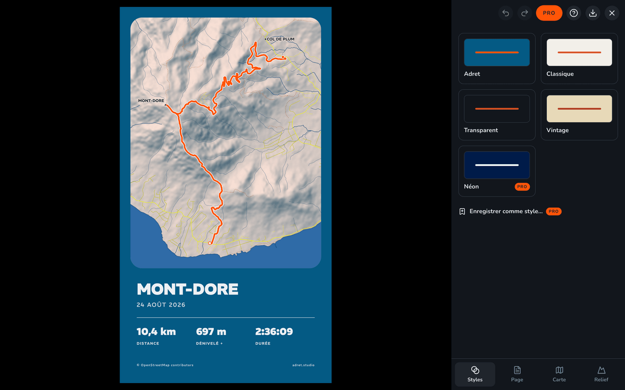 Adret dans un navigateur : l’affiche du Mont-Dore, en Nouvelle-Calédonie, dans le style Adret, et à sa droite les cinq styles d’Adret au-dessus des onglets Styles, Page, Carte et Relief.