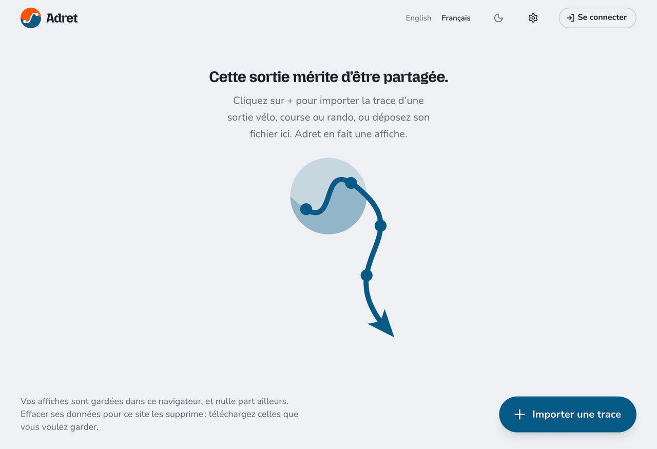 Adret dans un navigateur, la bibliothèque vide : « Cette sortie mérite d’être partagée. », l’invitation à cliquer sur + ou à déposer le fichier, et en bas la note qui dit que les affiches sont gardées dans ce navigateur.